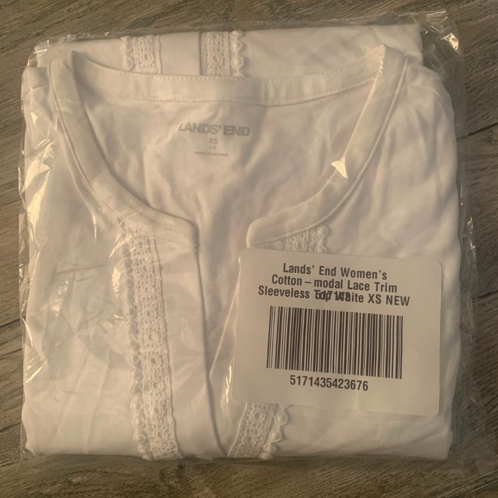 NWT LANDS' END WOMEN'S COTTON-MODAL LACE TRIM SLEEVELESS TOP WHITE XS & SMALL - Picture 9 of 12